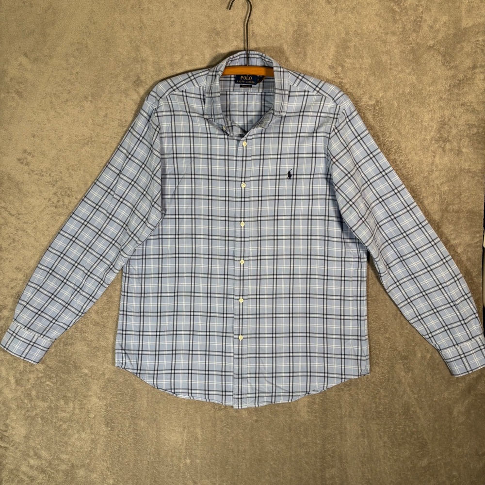 Polo Ralph Lauren Mens XL Classic Fit‎ Light Blue Plaid Cotton Button Down Shirt